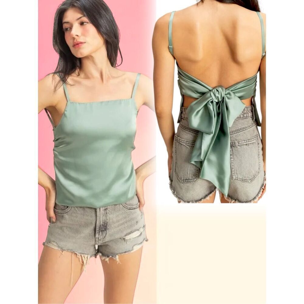 HYFVE Sage Green Satin Silky Back Tie Cami Tank Top Bow Open Back NWT - Picture 1 of 11
